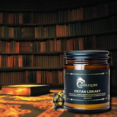 candle on a desk in a library